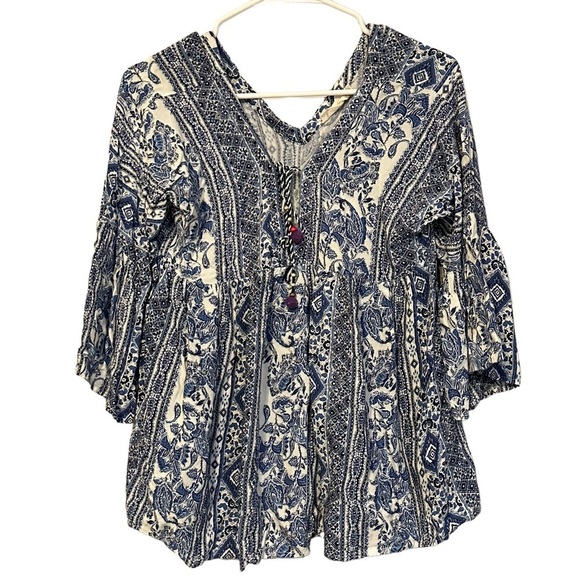 Altar’d State‎ blue white peasant top blouse tassels size small - Picture 1 of 8